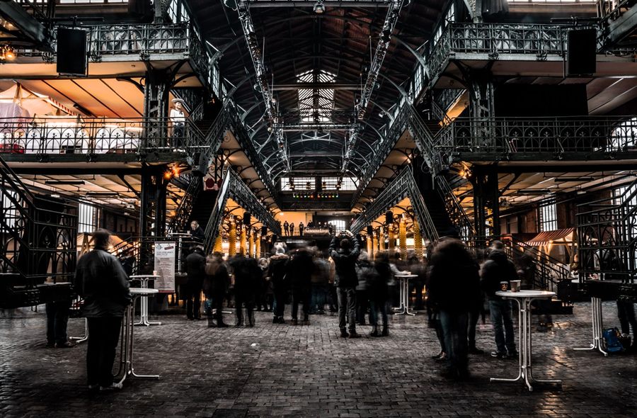 Crowded indoor market hall
